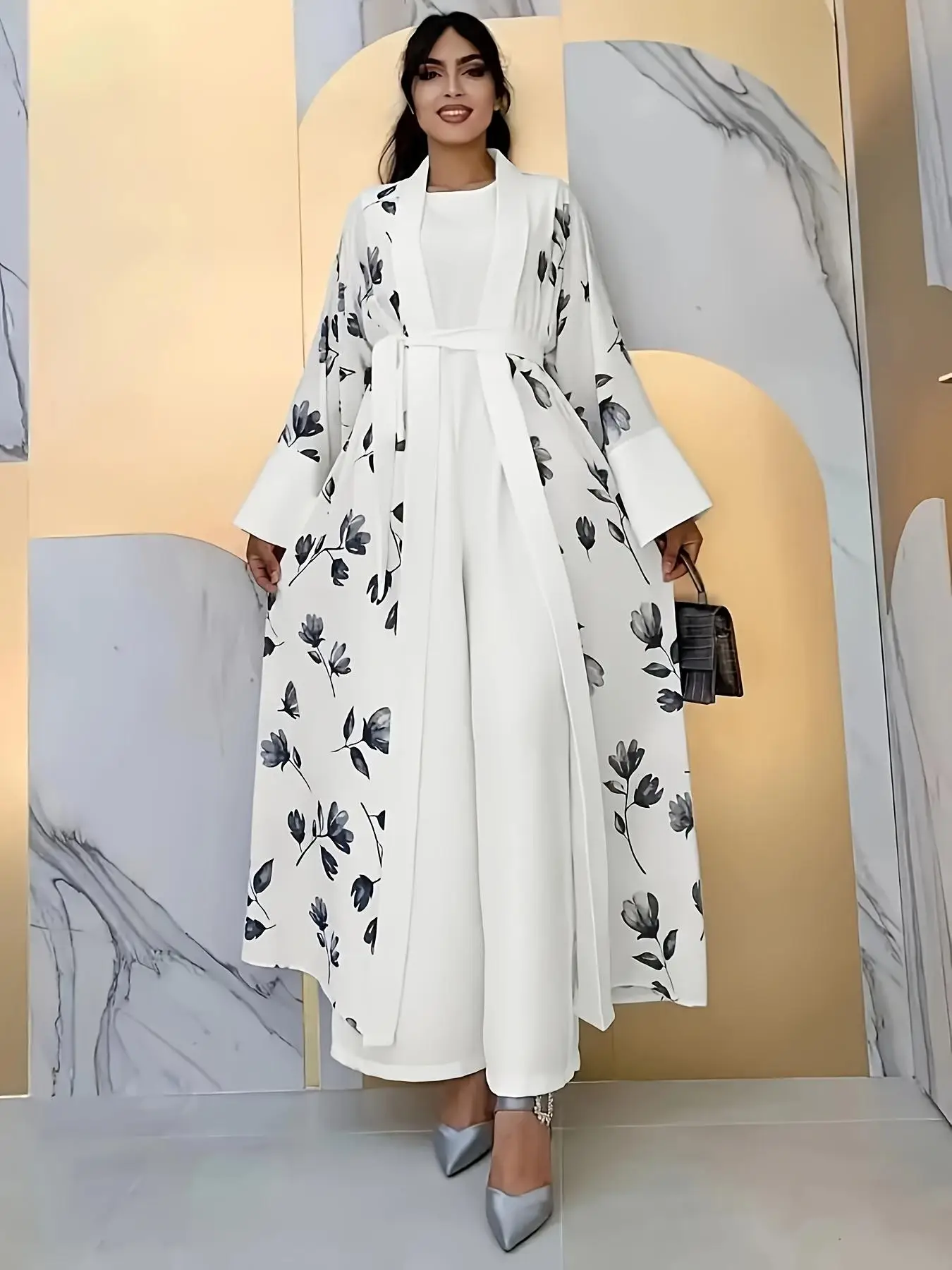 Two-Piece Set Women's Floral Print Belted Abaya & Plain Round Neck Tank Jumpsuit, Modest Casual Long Sleeve Open Front Outerwear & Sleeveless Jumpsuit