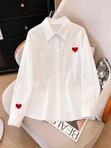Women's Casual Long Sleeve Shirt, Solid Color Loose-Fit Top, Heart Print, All Seasons, Sun Protection, Daily Wear, Elegant and Simple Design