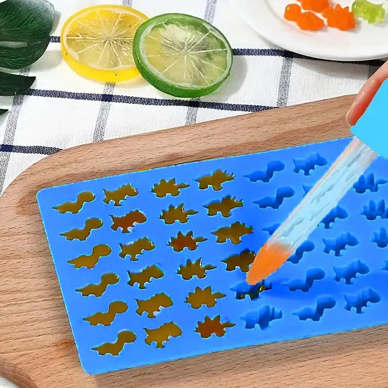 Silicone Dinosaur Shaped Candy Mold Plate, 1 Count DIY Baking Mold With Dropper, Kitchen Durable Baking Tool For Cookies & Chocolate & Pudding