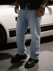 Viral Bling Jeans! ✨ Men's Light Blue Starry Sky Rhinestone-Embellished Non-Stretch Loose Straight-Leg Jeans | American Street Y2K Trendy Boyfriend Gift | Sparkling Rhinestone Jeans for Husband's Birthday | TikTok-Hit Nightclub Showstopper