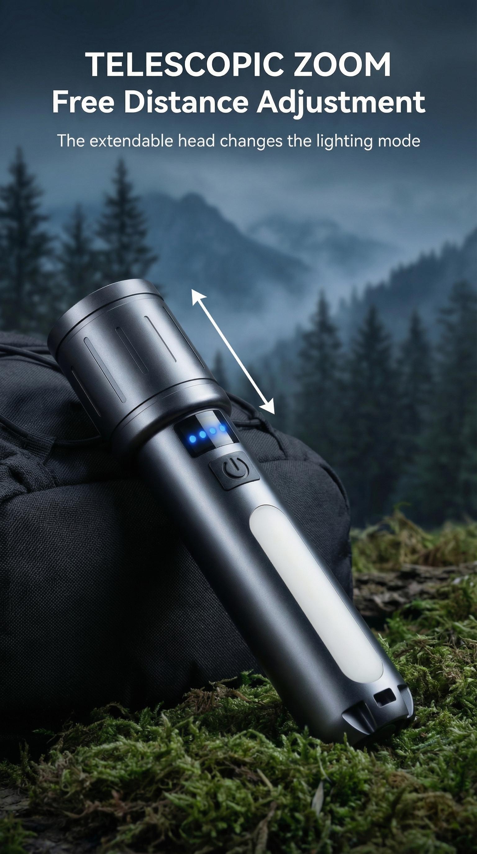 Black Panda Portable Flashlight 500 Lumens 500m Beam Mechanical Zoom  Multiple Modes USB Rechargeable