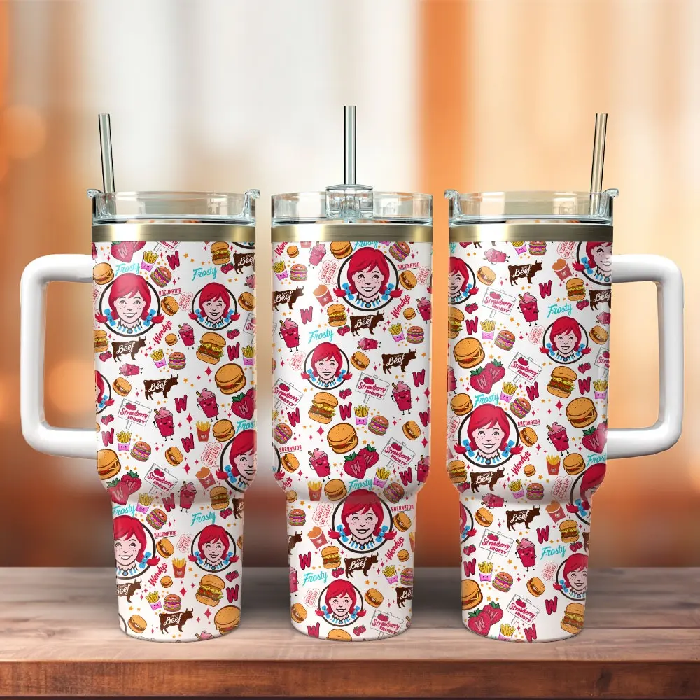 Wendys Fast Food Tumbler with Handle, Cute Red Hair Girl Logo 40oz Insulated Travel Mug, Baconator Burger Fries Frosty Pattern Cup, Stainless Steel Iced Coffee Tumbler, Retro Restaurant Merch, Novelty Birthday Gift for Fast Food Lovers