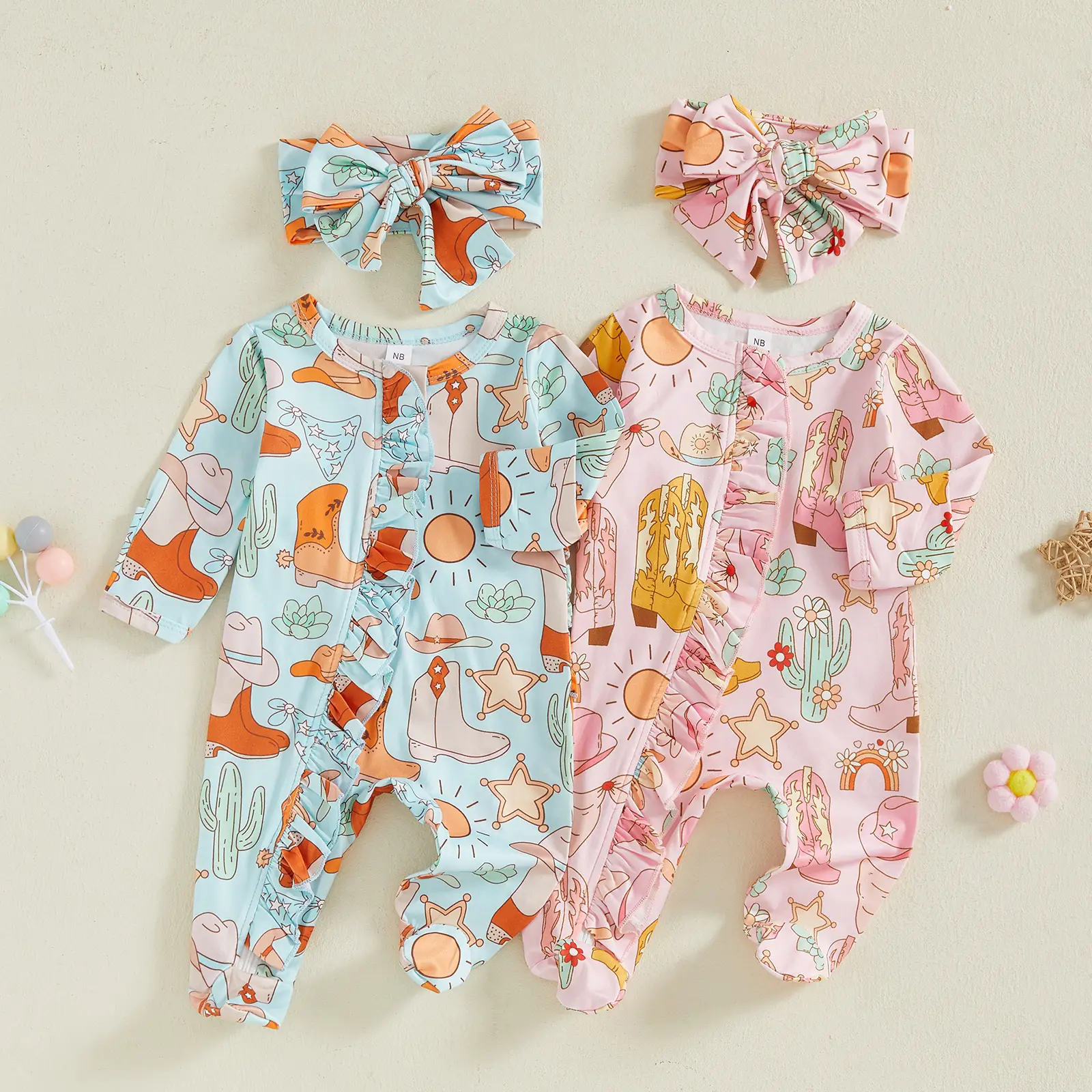 Newborn Baby Girl Western Clothes Cowgirl Boots Footie Romper Ruffle Long Sleeve Zipper Jumpsuit Coming Home Outfit