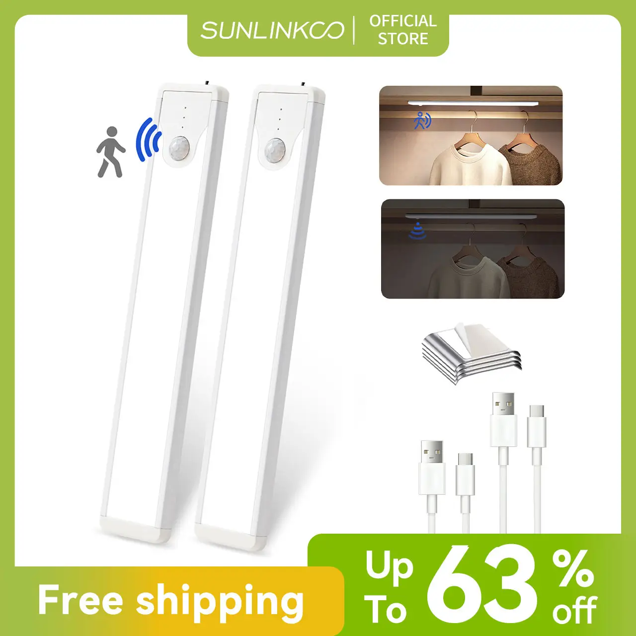 SUNLINKCO Under Cabinet Lights, 83 LED 1500mAh USB Rechargeable Magnetic Motion Sensor Light Indoor, Brightness Dimmable 6500K Stepless Dimming Close