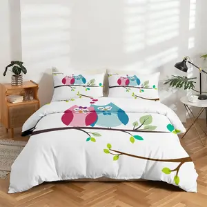 High-Definition Digital Print Bedding Set, Owl Pattern Twin-Sized Sheet & Pillowcases, Polyester Soft Home Decor
