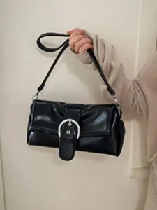 Trendy Buckle Shoulder Bag, Minimalist Black Going Out Purse for Women
