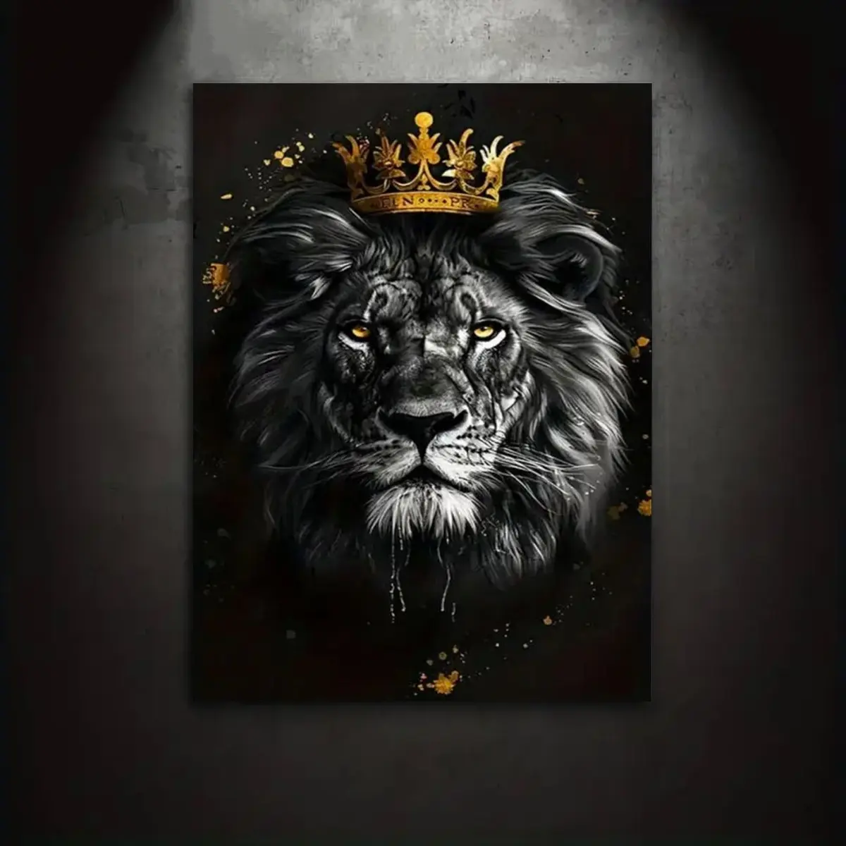 King Lion Golden Crown on Black Background – Luxurious wildlife art, minimalist artwork; 2D flat-print canvas wall art poster; wall decoration for home and bedroom; masculine bedroom décor; ideal gift for a gentleman’s bedroom and workspace
