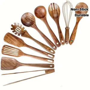 10pcs Premium Wooden Kitchen Utensils Set - Ergonomic Handles, Natural Wooden Spoons, Stir-fry Spatulas, Soup Spoons And Spatulas for Non-stick Pans, Heat-resistant And Easy-to-clean, Long-lasting And Durable Kitchen Must-have Accessories