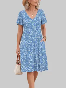 ZEAGOO Women's Summer Dress Casual Swing Floral Ruffle Short Sleeve Sundresses Beach Mini A-line Shift Dress with Pockets