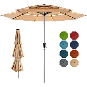 9-Foot 3-Tier Solar Patio Umbrella - Heavy-Duty Reinforced Design with Vented Canopy & 32 LED Lights; High Wind Resistance, UPF 50+ Sun Protection, 5-Year Fade-Resistant Warranty, Features 8 Thickened Ribs; Ideal for Pools, Lawns, Gardens, and Patios (Bei