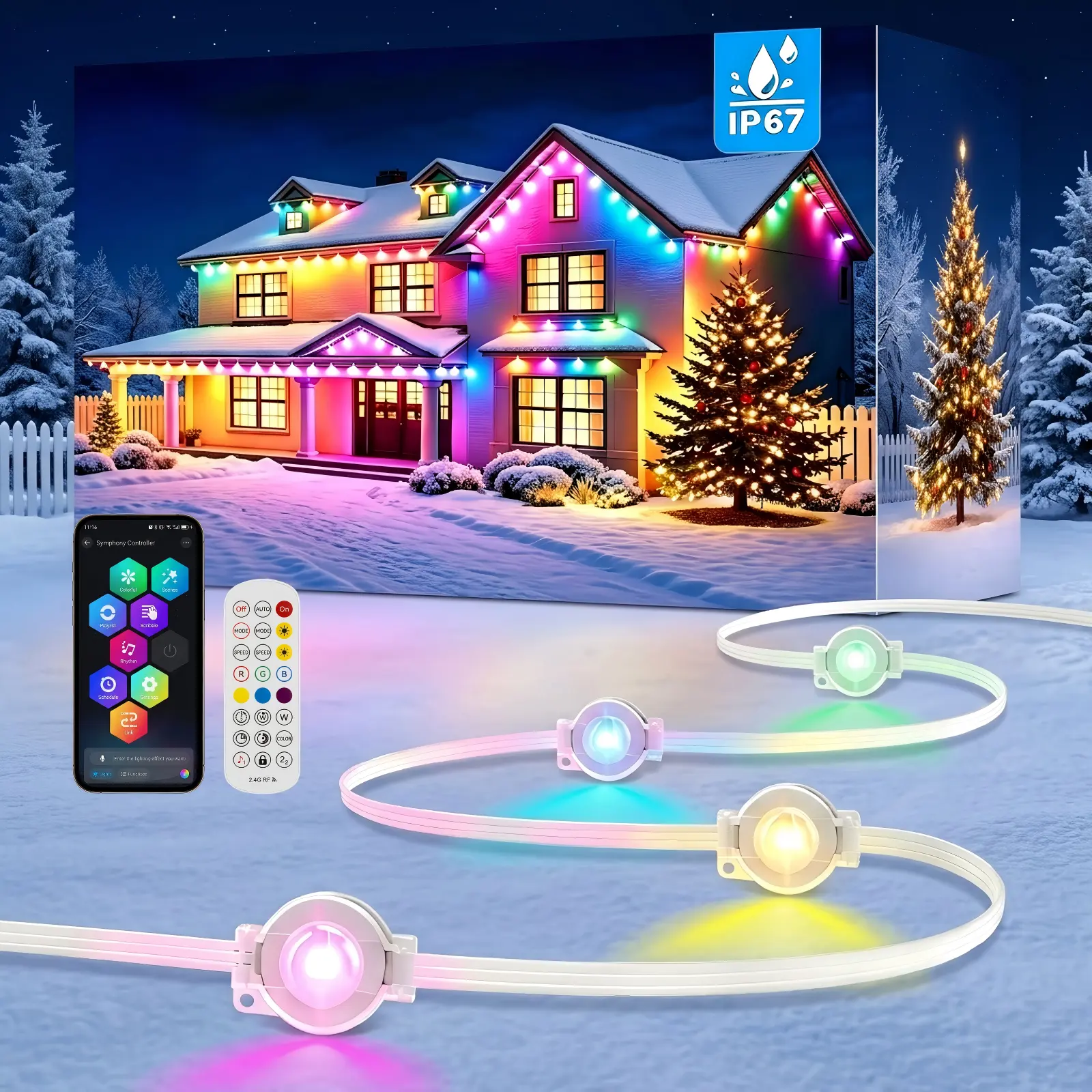 Bsahriy 200FT RGB+IC Permanent Outdoor LED Strip Lights, IP67 Waterproof Smart Eaves Lights with App & Remote Smart Control, Music Sync Soffit Lighting for House Architectural Decoration, Holiday Use