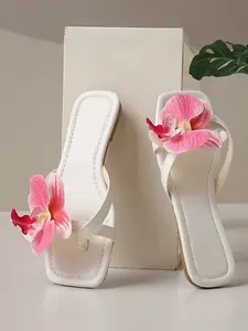Women's Flat Head Fashion Flower Decoration Sandals, Versatile Flat Sandals, Comfortable Beach Vacation Shoes, Casual PU Rubber Sole, Less Than Ankle Height Strap Flat Sandals