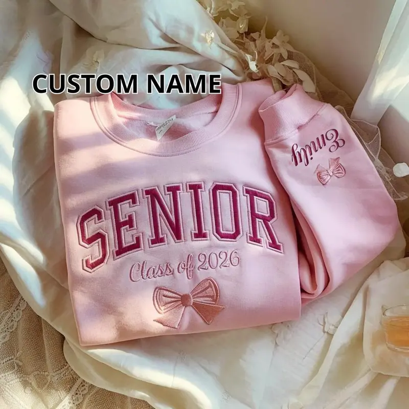 Senior Embroidered Sweatshirt Class of 2026 with Name, Custom Graduation Gift for Her, Personalized Bow Crewneck, Senior Girl Shirt