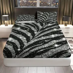 3Pcs Glamour Shimmer Zebra Fitted Sheet Three Piece Set (1*Fitted Sheet+2*Pillowcases, Coreless), Party theme, Luxury Sparkle Bedding Set, Mattress protector Soft, Breathable