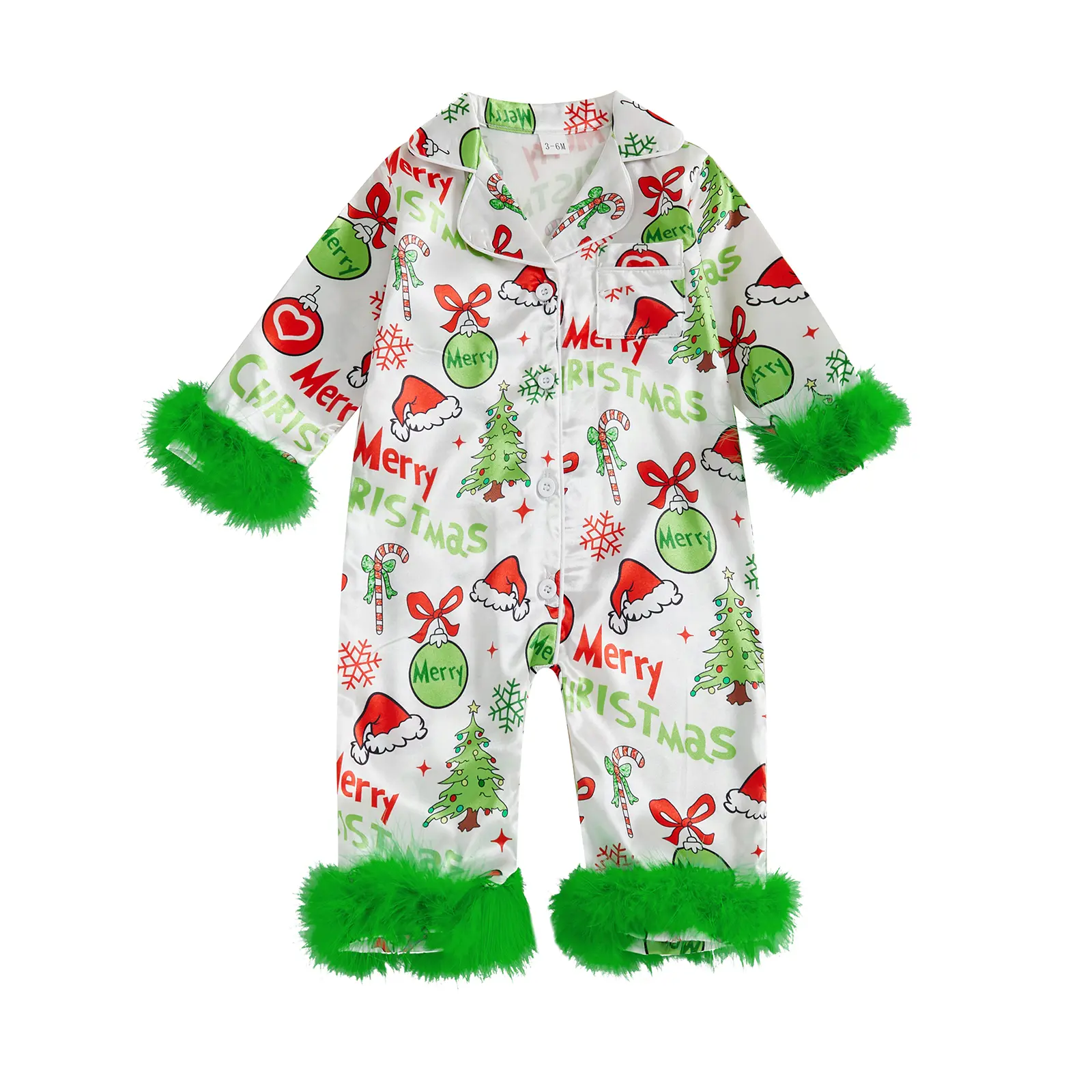 Canrulo Baby Girl Christmas Satin Silk Pajamas Button Down Merry Christmas Pajamas Jumpsuit Feather Trim Long Sleeve Nightgown Pjs