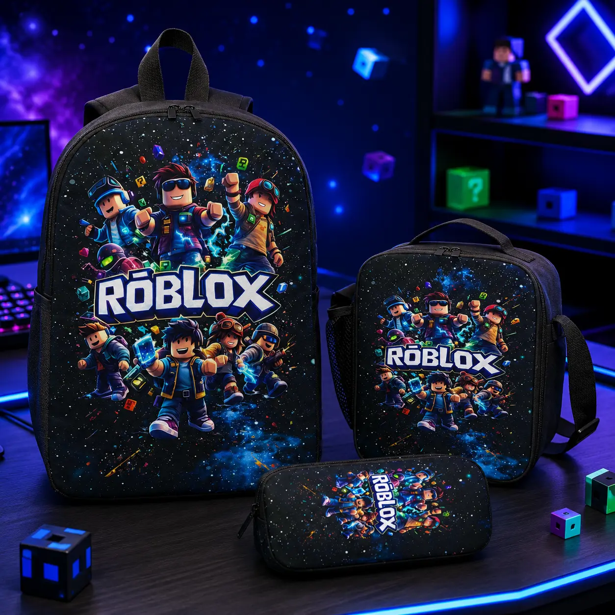 Roblox Print Backpack Set 3 Pieces with Backpack Lunch Box and Pencil Case for Kids School Boys and Girls Lightweight TK Backpack for Teenagers Trendy Tiktok School Bag Stylish Backpack for Teenagers Durable Bookbag for Students