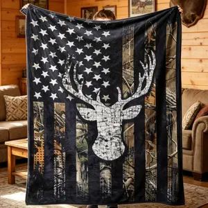 Flag Deer Head Pattern Flannel Blanket, Soft Cozy Warm Fleece Throw for Adults Kids, Decorative Bedding Blanket for Bed Sofa Home Office Travel Camping Gift