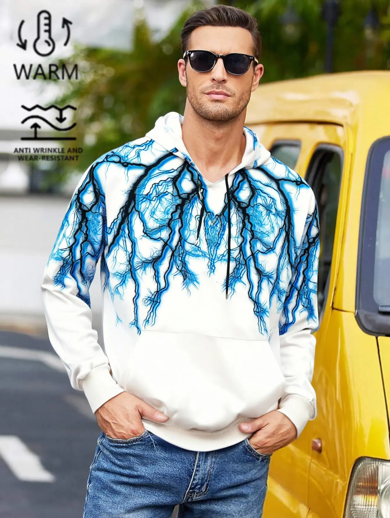 All-over print hoodie available in black and white, hood with adjustable drawstring, pullover long-sleeve top, creative all-over crackle lightning print design, front integrated kangaroo pocket, ribbed cuffs and hem, fine stitching, casual outerwear