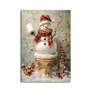 Christmas Poster Wall Art Snowman on The Toilet Winter Scene Painting Farmhouse Style Home Decor Canvas Prints Roll for Living Room Festive Farmhouse Decor