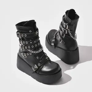 AOSPHIRAYLIAN Gothic Punk Platform Boots with Metal Chains and Cross Details, Black Leather Edgy Ankle Boots Platform Ankle Style for women