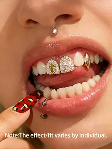 Trendy Tooth Rings, Tooth Gem, Hollow Cross Design with Oval Zircon Teeth, Punk Style Accessories, All Seasons Fashion Jewelry