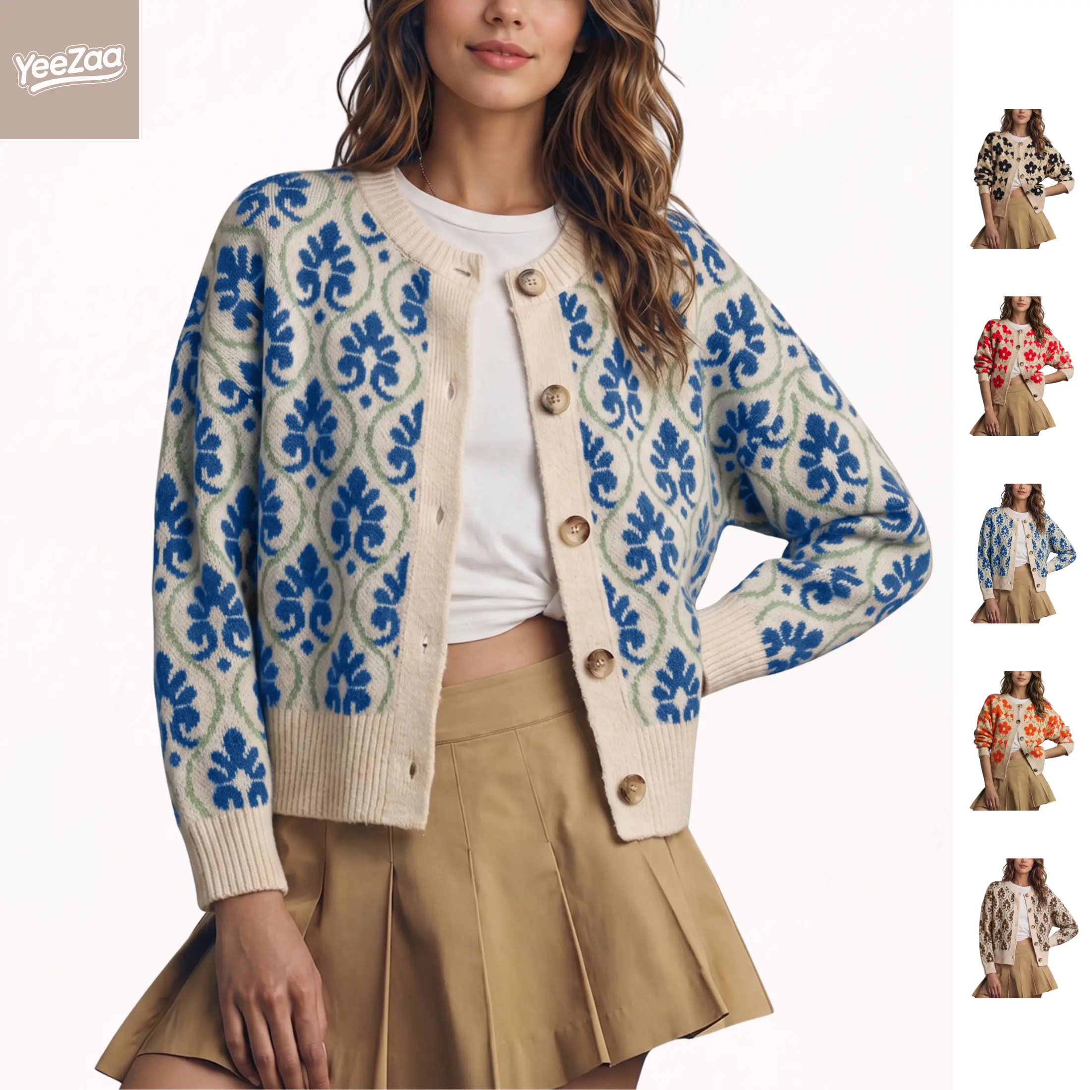 YeeZaa Floral Cardigan Sweater for Women Open Front Long Sleeve Knitwear Elegant Button Down Knit Sweater Classic Crew-neck Sweaters Vintage Floral-pattern Outerwear Slouchy Silhouette Outfits