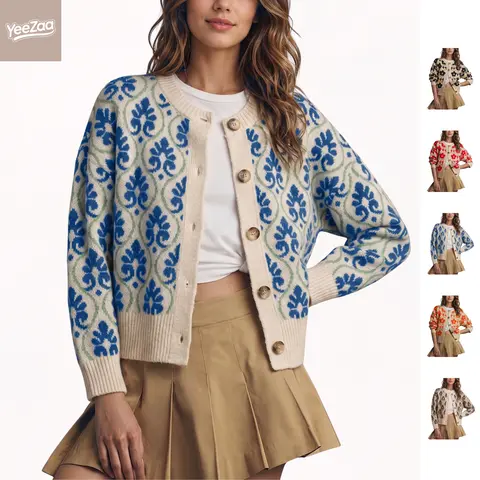 YeeZaa Floral Cardigan Sweater for Women Open Front Long Sleeve Knitwear Elegant Button Down Knit Sweater Classic Crew-neck Sweaters Vintage Floral-pattern Outerwear Slouchy Silhouette Outfits