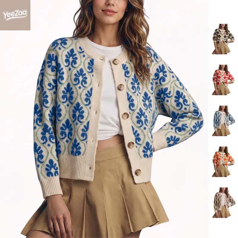 YeeZaa Floral Cardigan Sweater for Women Open Front Long Sleeve Knitwear Elegant Button Down Knit Sweater Classic Crew-neck Sweaters Vintage Floral-pattern Outerwear Slouchy Silhouette Outfits