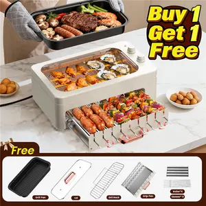 【Buy 1 Get 1 Free】1500W Portable Smokeless Indoor Electric Grill, 360° Auto-Rotating Hot Dog Roller & Kabob Skewers, Dual-Zone Grill/Universal Griddle, Precise Temp Control, Easy-Clean Removable Design,Dishwasher Safe,Multi-Function Cooking gift