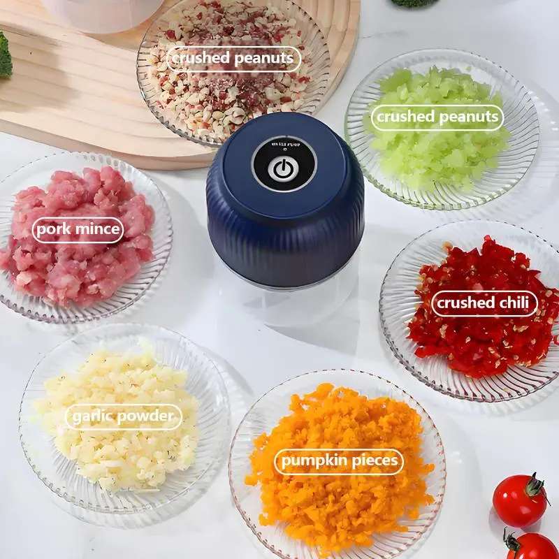 Household Electric Garlic Crusher - 300ml Mini Food Processor, Portable Wireless Vegetable Chopper Blender, 4 Blades Garlic Mincer Electric for Onion, Ginger, Chili, Spices & Fruit (Blue)