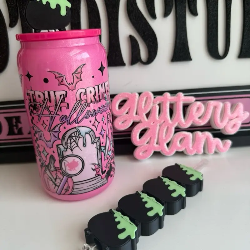 Glow in the Dark Bubbling Cauldron Straw Topper | Cute Spooky Halloween Cup Accessory | Glitter Witch Cauldron Tumbler Topper