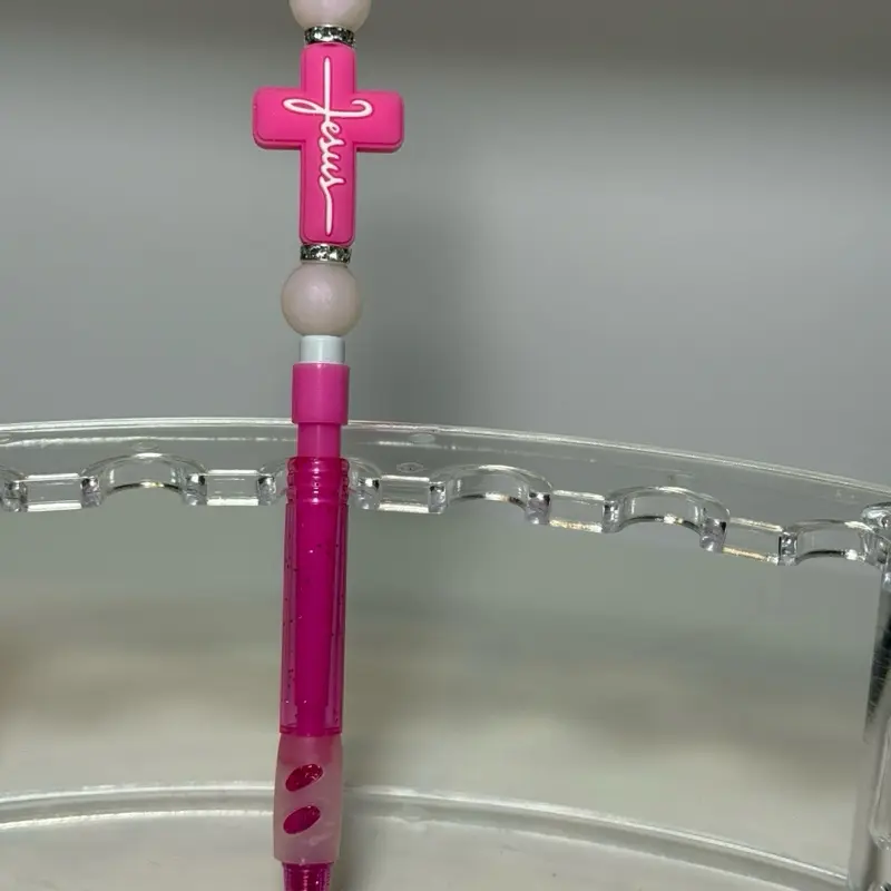 Jesus Beaded Lead Pencil with Pink Cross Design and Pearl Bead for Writing and Drawing