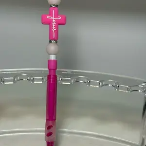 Jesus Beaded Lead Pencil with Pink Cross Design and Pearl Bead for Writing and Drawing