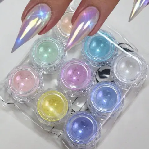 Mermaid Chrome Nail Powder, 9 Color Aurora Mermaid Chrome Nail Art Dusts, High Glossy Pearl Shell Holographic Glimmer Pigment for Nail Decoration, Manicure, Pedicure, Chrome Nail Powder Kit