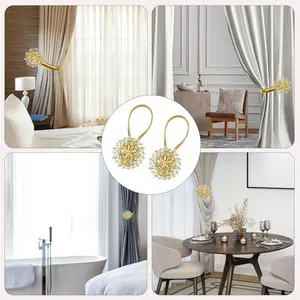 2 Pack Magnetic Curtain Tiebacks , Gold Crystal Flower Window Curtain Decorative No Drilling Drapery Holdbacks with High-Elastic Spring Wire for Home Office Decor