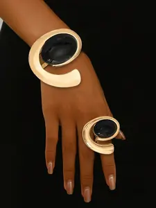 Lxalry Black & Gold Monochrome Jewelry Set, Handmade Electroplated Bracelet & Ring Duo, Stackable Luxury Gift for Everyday Edge & Evening Glamour