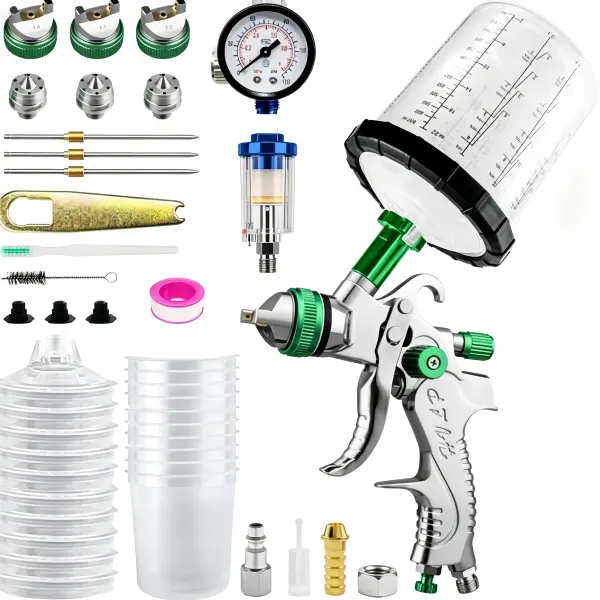 HVLP Spray Gun Kit Gravity Feed Paint Sprayer 1.4/1.7/2.0mm Nozzles with 10 Disposable Mix Cups Air Water Separator Complete Accessories for Auto Furniture DIY Painting