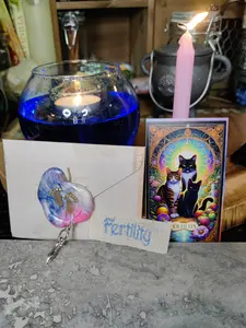 Fertility Manifestation Advanced Charm Kit - Cotton Embroidery & Pewter Charm with Cat Tarot Bookmark for Spiritual Healing Practices