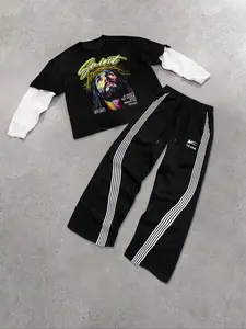 Men's Casual Fitted Long Sleeve Sweatshirt Set, Outfit, Colorful Jesus Print & Side Striped Pants, Street Style for Daily Wear & Trendy Gatherings, Streetwear