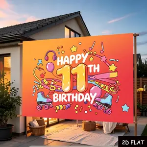 2D Flat Banner Polyester Photography Backdrop, Happy 11th Birthday Party Theme with Roller Skates, Headphones, Balloons, Stars, Musical Notes, Vibrant Colorful Design, Background Cloth for 11 Year Old Birthday Celebration, Photo B