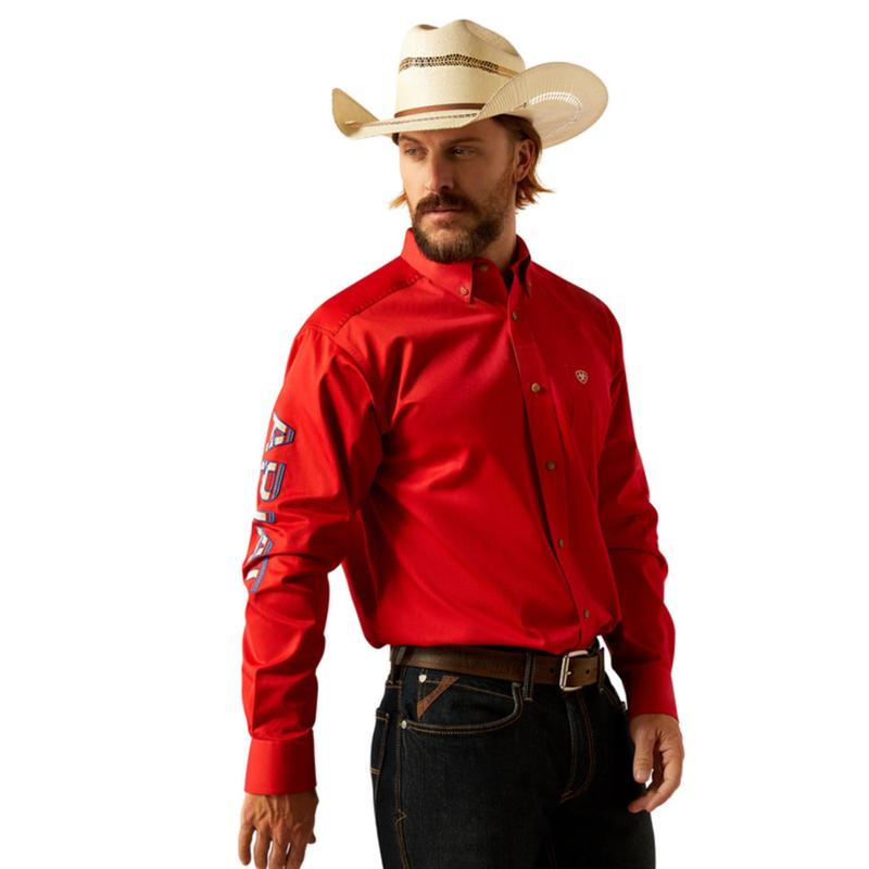 ARIAT MENS TEAM LOGO TWILL LS RED/KHAKI SHIRT- 10055236
