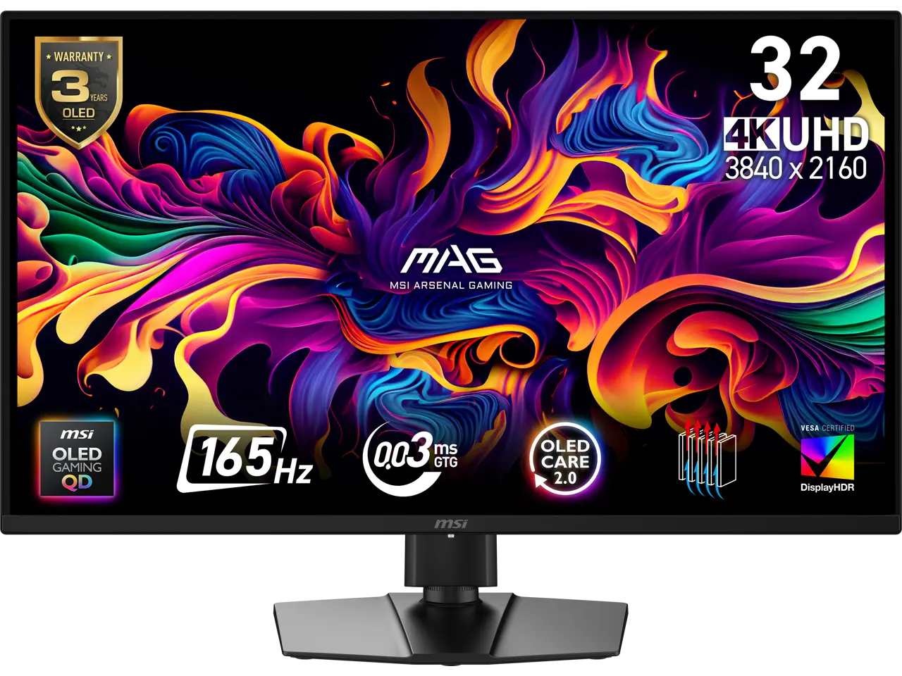 MSI 32 inch (31.5" viewable) UHD 4K 165Hz AMD FreeSync Premium Pro & G-Sync Compatible HDR400 OLED Gaming Computer Monitor with Height Adjustable, Swivel, Pivot & Tilt Stand MAG 322UP QD-OLED E16