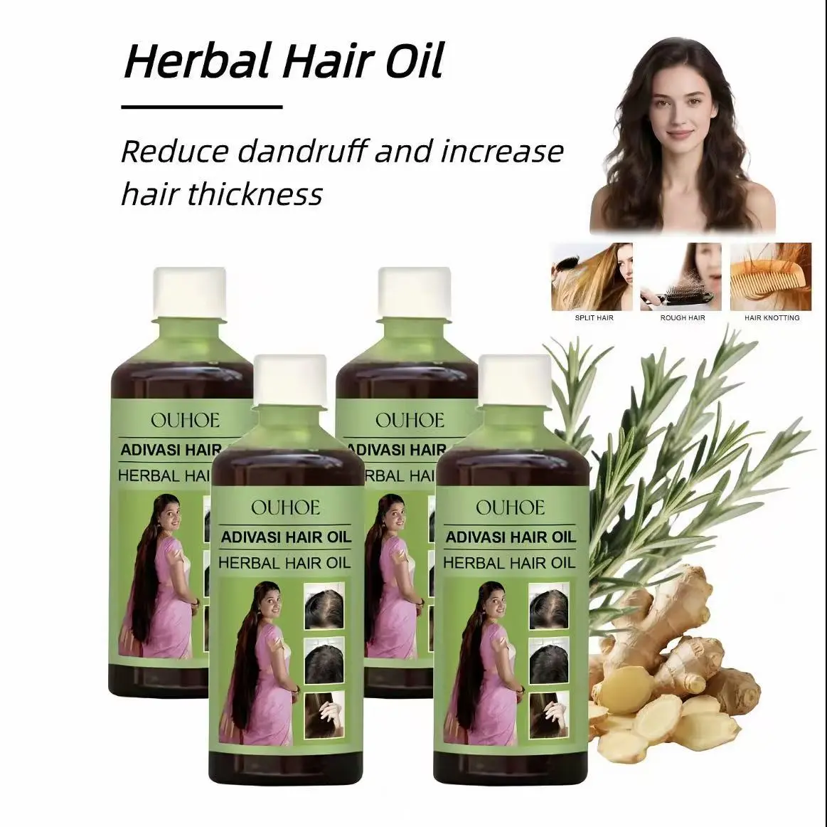 Rosemary Herbal Hair Oil, lightweight non-greasy texture. Care for hair roots, smooths frizzy strands and boosts natural hair shine. Hydrating hair treatment for silky, glossy locks, gentle daily hair conditioning oil