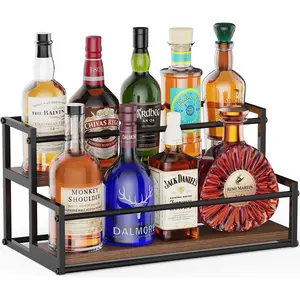 2 Tier Liquor Bottle Display Shelf, Coffee Syrup Rack Organizer & Bar Shelf Stand for Liquor Whiskey Olive Oil, Perfect for Kitchen Counter & Home Bar Storage