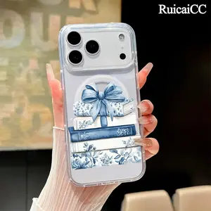 Blue Bow Floral Bookstack Pattern Magnetic Phone Case - Customized Protective Cover & Casing for iPhone 11-17,12-15 Plus,16-17 Pro Max,Air, Transparent Shockproof Premium Soft Stylish Durable Accessories