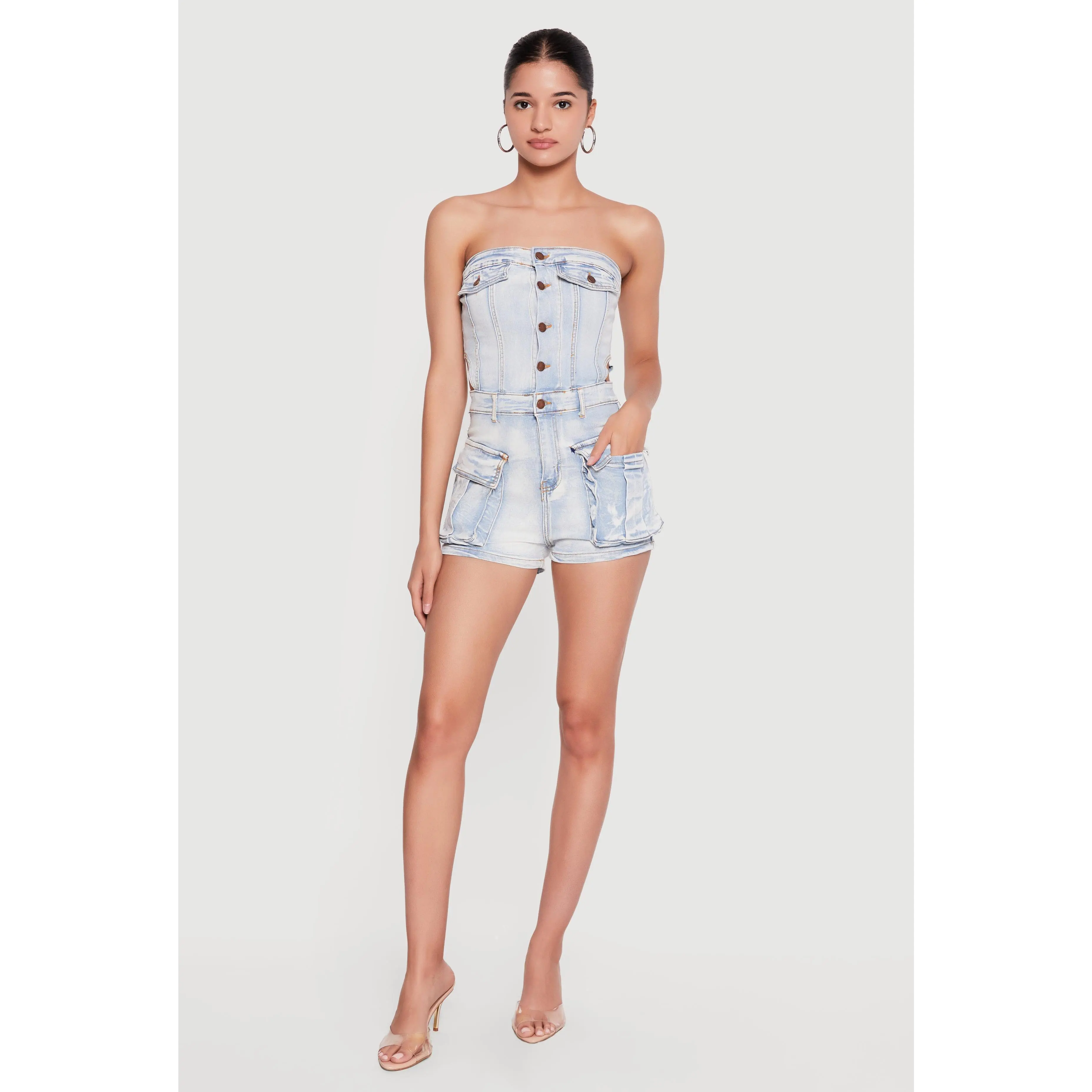 Cutout Side Cargo Pocket Denim Rompers