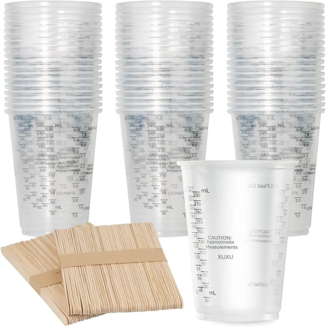 100 pcs 8oz transparent graduated measuring cup set, with wooden mixing rod, disposable plastic cup, suitable for mixing epoxy resin, adhesives, liquids, suitable for DIY handicraft enthusiasts, home baking