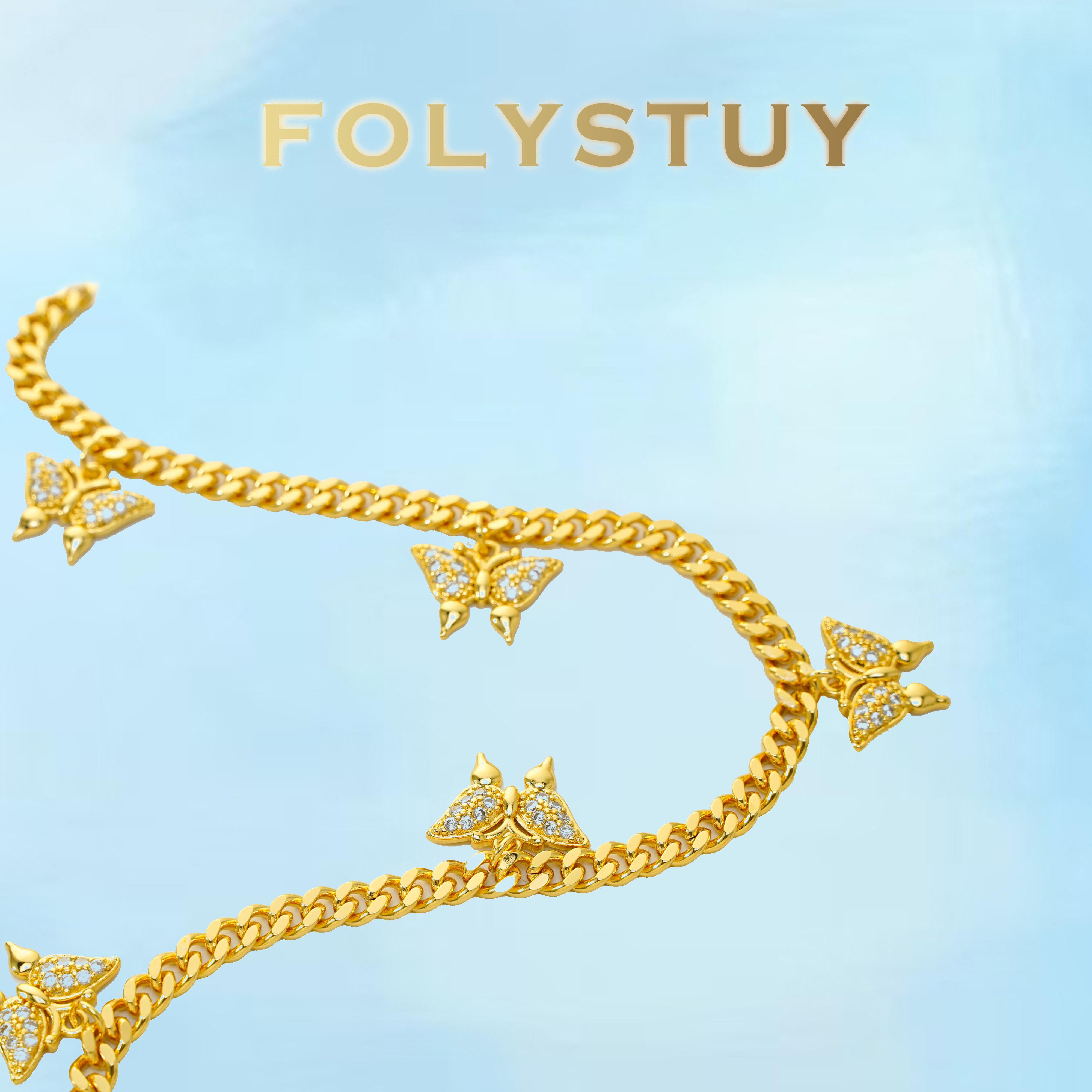 [FOLYSTUY (Y137)]Sparkly Butterfly Cuban Chain Necklace, 0.20" Width 19.6" Length Trendy Fashion Jewelry