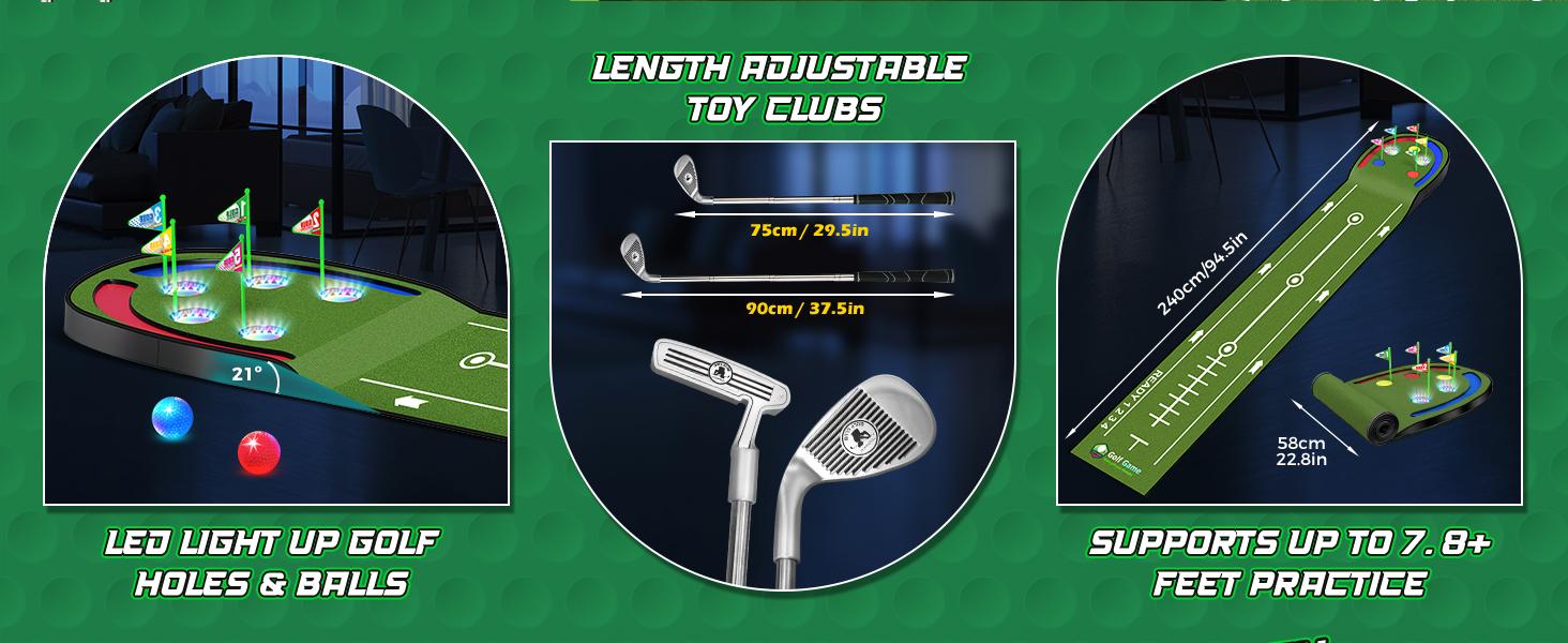 VATOS Golf Putting Mat Indoor for Kids - Golf Game Set with LED Balls, Glow Holes, Irons & Putters, Portable Putting Green Outdoor for Home Backyard Party, Golfs Toy Gifts for Kids 6-14 VATOS Golf Putting Mat Indoor for Kids - Golf Game Set with LED Balls, Glow Holes, Irons & Putters, Portable Putting Green Outdoor for Home Backyard Party, Golfs Toy Gifts for Kids 6-14