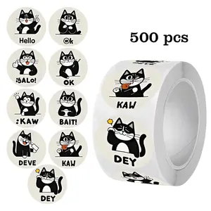 500pcs Cartoon Cat Stickers Roll, 1 Inch Cat Labels for Teachers Adults Parents Classroom School Work Learning Training Decorations, Adhesive Stickers